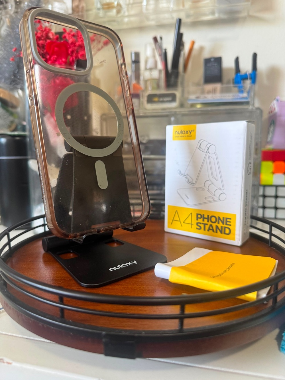 Black A4 Foldable Phone Stand with Clear Brown Phone Case